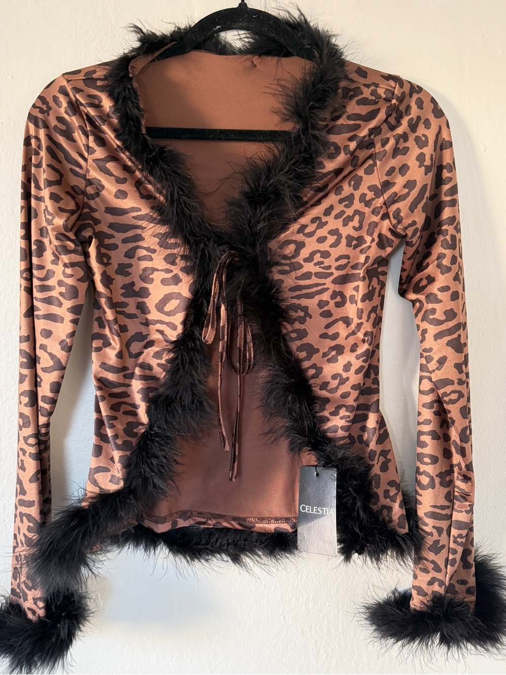 Celeste Brown and Black Leopard-Print Feather Trim Cardigan